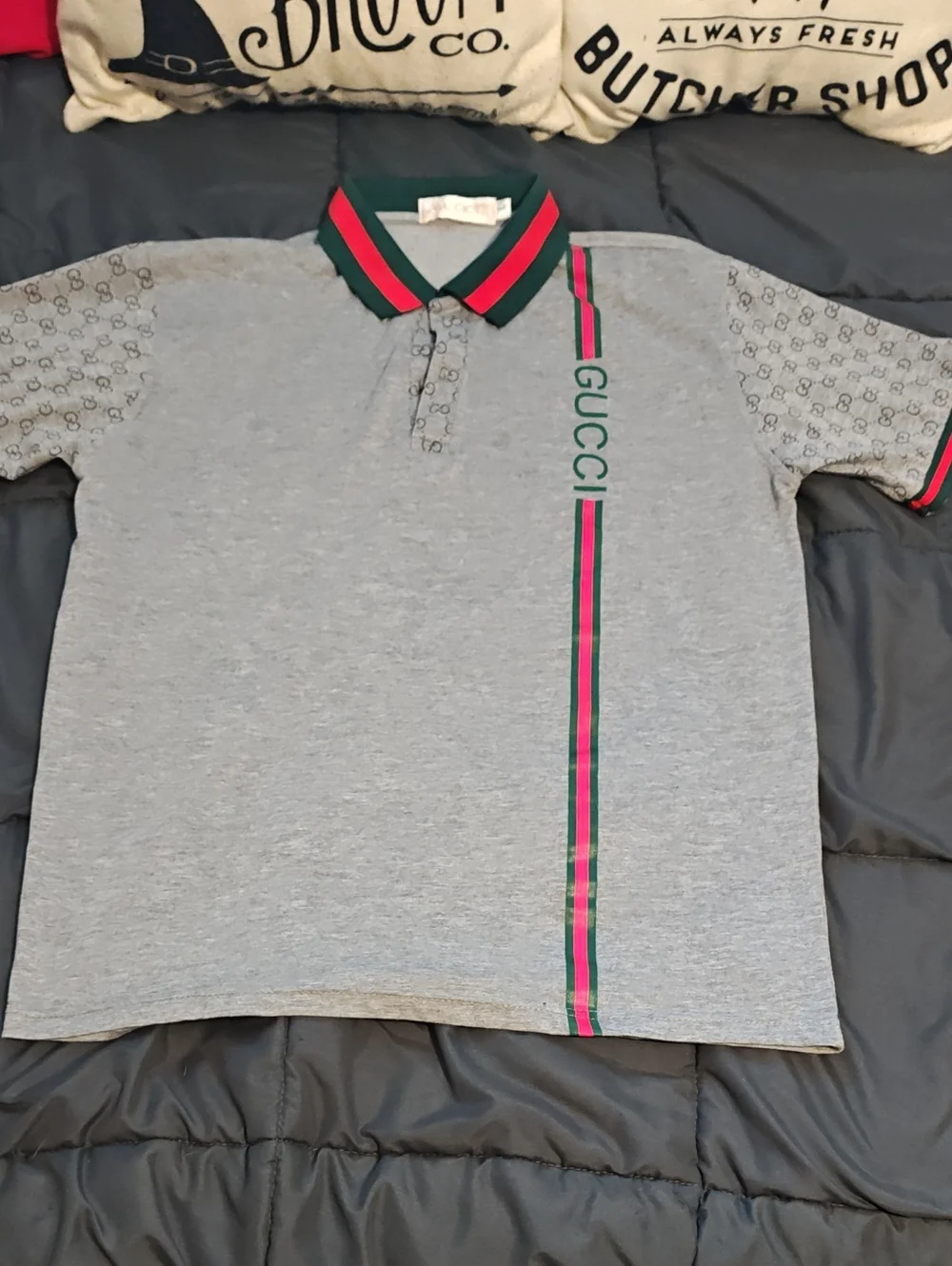 Gucci Gray Polo with Green & Red Stripe and Logo